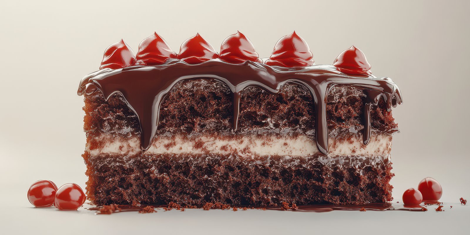 Delicious chocolate cake topped with cherries and chocolate ganache, ideal for celebrations or desserts